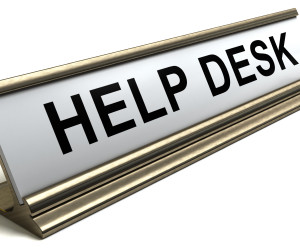 A "help desk" sign on a white background. 3D render with HDRI lighting and raytraced textures.